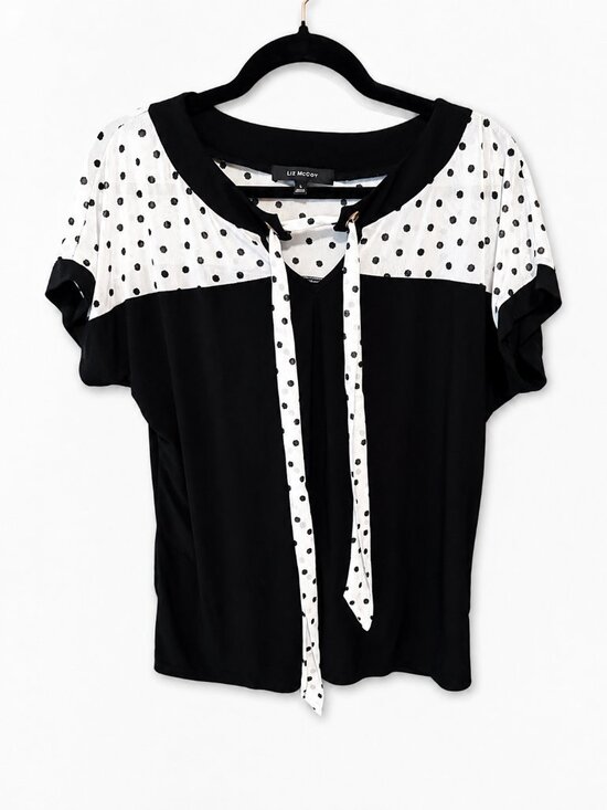 Liz Mccoy Tops - Liz McCoy Black & White Polka Dot Tie Neck Blouse | Women's Size Large